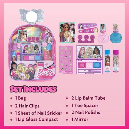 Barbie Makeup Filled Backpack Set, Including Lip Balm, Nail Polish, Nail File, Hair Bows, and Other Accessories, Ages 3+ for Parties, Sleepovers and Makeovers, by Townley Girl