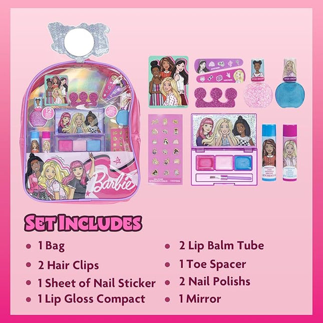 Barbie Makeup Filled Backpack Set, Including Lip Balm, Nail Polish, Nail File, Hair Bows, and Other Accessories, Ages 3+ for Parties, Sleepovers and Makeovers, by Townley Girl