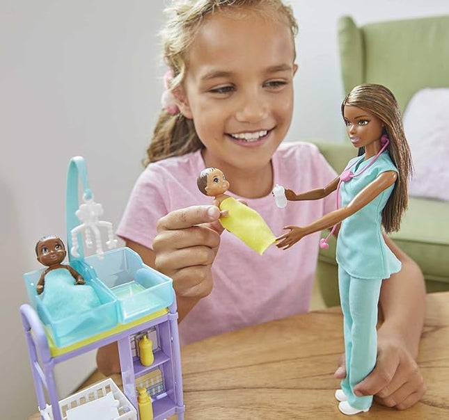Barbie Careers Playset, Baby Doctor Set with Brunette Fashion Doll, 2 Baby Dolls, Furniture & Accessories