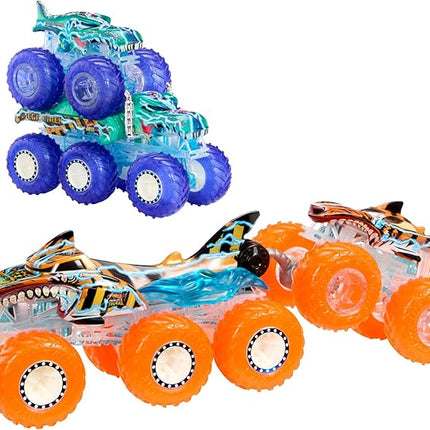 Hot Wheels Monster Trucks Multipack, 1:64 Scale Mega-Wrex & Tiger Shark Toy Trucks with Big Rigs in Matching Power Smashers Deco