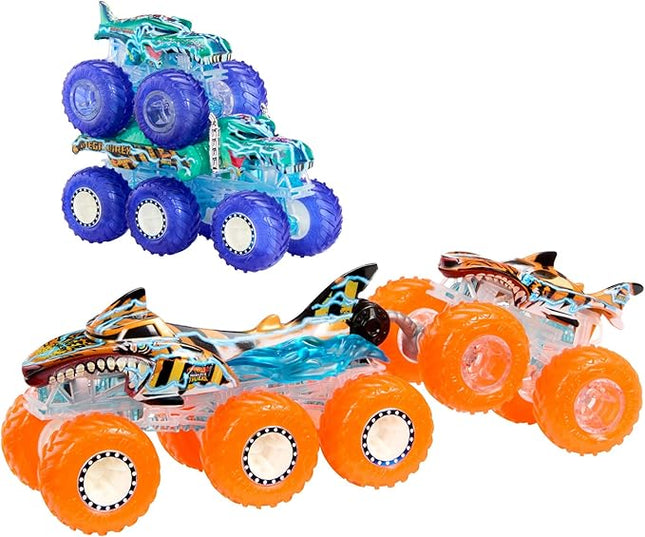 Hot Wheels Monster Trucks Multipack, 1:64 Scale Mega-Wrex & Tiger Shark Toy Trucks with Big Rigs in Matching Power Smashers Deco
