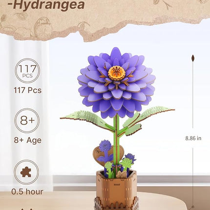 Welsky 3D Dahlia Wooden Puzzles for Adults, DIY Wooden Flower Craft Kit, Artificial Flowers Model Kit to Assemble for Adults.(6.14 * 3.9 * 8.86in 117PCS)