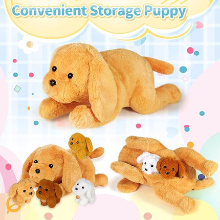 KMUYSL Puppy Stuffed Animals Toys for Ages 0 1 2 3 4 5 6 7 8+ Years Old Kids - Mommy Dog with 4 Baby Puppies in Her Tummy, Idea Xmas Birthday Gifts for Baby, Toddler, Girls, Boys