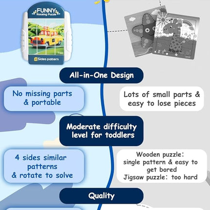 16-Piece Rotating Puzzles for Kids 4-6, Toddlers Puzzles 2-4, Road Trip, Airplane Activities Game, Travel Toys - Brain Teaser, Fine Motor Skills, Birthday Gifts Boys & Girls - Transportation