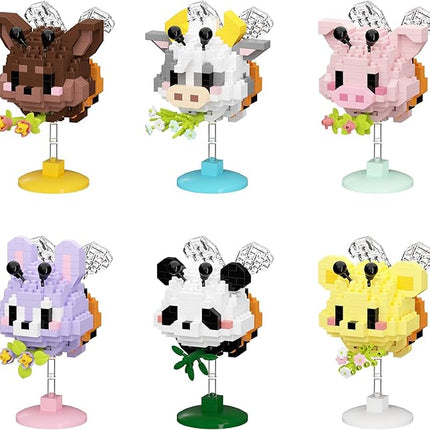 Cute Cartoon Animal Mini Micro Building Blocks Set - 6 Mini Designs with Display Stands, Ideal for Party Favor for Kids and Building Blocks for Adults. Educational Toys for Kids