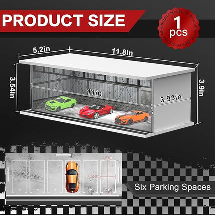 1/64 Scale Diecast Display Case for Hot Wheels Matchbox Cars, Toy Car Model Mini Garage with LED Light and Acrylic Cover, Stackable Parking Lot Diorama Storage for Collection Present