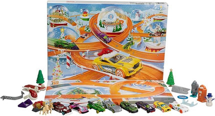 Hot Wheels Toy Cars, 2024 Advent Calendar, 8 1:64 Scale Cars, 16 Winter-Themed Accessories Behind 24 Numbered Doors & a Playmat