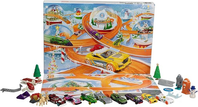 Hot Wheels Toy Cars, 2024 Advent Calendar, 8 1:64 Scale Cars, 16 Winter-Themed Accessories Behind 24 Numbered Doors & a Playmat