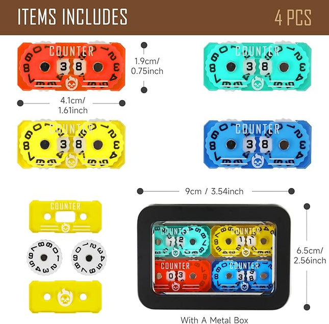 4Pcs MTG Life Counter Twin Digits with Metal Box, Health Tracker Life Counter for MTG Magic Card Games Accessories, Compatible with Magic The gatering Tabletop RPG D&D CCG TCG Board Games