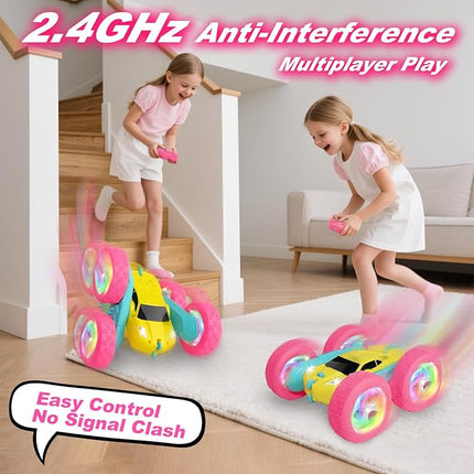 Remote Control Car, RC Cars for Girls, Double-Sided 4WD Stunt Car with RGB Lights & 360° Flips, USB-C Modular Batteries, Toys for Ages 5–7, Birthday Gift for 6+ Year Old Girl, Yellow-Pink