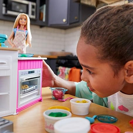 Barbie Kitchen Playset with Doll, Lights & Sounds, Food Molds, 5 Dough Colors and 20+ Accessories
