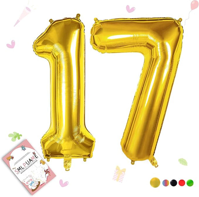 Smlpuame 40 inch Number Balloon 0-9 Gold Large Number 17 Balloons,Digital Balloons for Birthday Party Celebration Decorations Supplies, Helium Foil Number Balloons for Wedding Anniversary