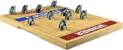 Metal Horse Race Board Game Set with Horse Racing Thick & Solid Wood Game Board, 11 Luxurious & Durable Classic Silver Colored Metal Craft Horses, Dice and Cards for Horseracing (HR-551)
