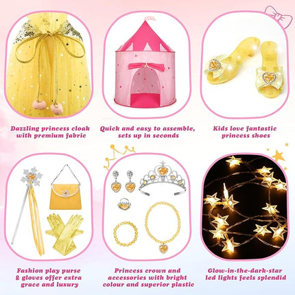 WTOR 15Pcs Princess Castle Play Tent Dress Up with LED Glow in The Dark Stars for Little Girls－Princess Dress Up Cape with Crown,Girl Play Tent/House Toy for Indoor & Outdoor Use (Yellow)