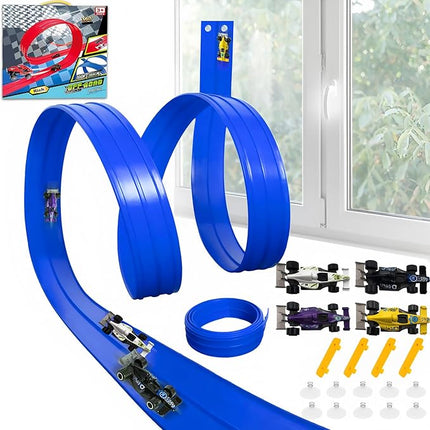 16Ft Flexible Race Car Track for Kids, Flex Track Toy with 4 Race Cars and Suction Cups, Compatible with Hot Wheels and 1/64th Cars, Rolls Up Portable Racetrack for Ages 345678