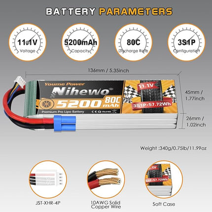 2Packs 3S Lipo Battery, RC Lipo Battery 11.1V 5200mAh 80C EC5 Connector Compatible with Arrma Axial 1/8 1/10 RC Car Truck Truggy Vehicles Tank Boat Airplane Helicopter Models