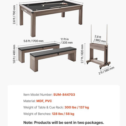 VEVOR 7ft Pool Table Combo Set, 3-in-1 Multi Game Billiards Tables with Dining Top and Ping Pong, 2 Benches for Storage and Accessories, Includes Ball Cue Rack Chalk Brush, for Family Recreation Room