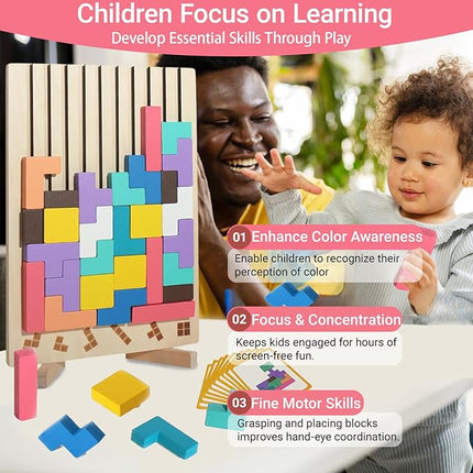 Wooden Stacking Puzzle Toy 3D Wooden Russian Puzzle for Kids, Montessori Wood Stacking Blocks Colored Family Brain Teaser Activity, Giant Block Board Toys for Toddlers 3-6 Years