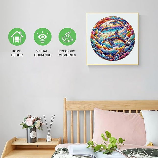 Wooden Puzzle for Adults – Unique Dolphin-Shaped Jigsaw, Colorful Ocean Animal Design Brain Teaser for Kid & Teen, 220 Pieces, 10"x10", Ships as Whole Puzzle Board, Gift-Ready Box, Fun Family Game