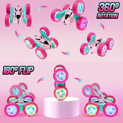 Pink Remote Control Car for Girls,Double Sided 360°Flip, with Headlights, Girl Princess Toys Rechargeable Toy Car for 6-7 6-8 9 10-12 Year Old Girls Birthday