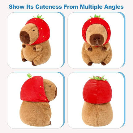 Ditucu Cute Capybara Plush Wear Strawberry Hat Soft Capibara Stuffed Animal Plushies Toys Hugging Gifts for Kids Brown 13 inch