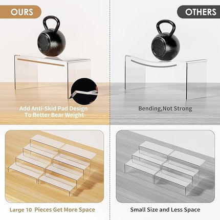 10 Pcs Acrylic Risers, 2 Set 5 Size Rectangular Large Display Risers Shelf, Clear Acrylic Display Stand Cupcake Stand, Display Shelves for Funko Pop Retail Shoe Showcase