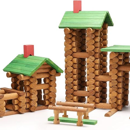SainSmart Jr. 300 PCS Wooden Log Cabin Set Building House Toy for Toddlers, Classical STEM Construction Kit Compatible with Lincoln Logs for 3+ Kids