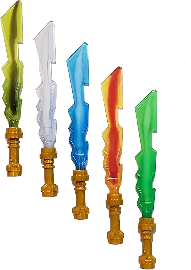 2013 LEGO Ninjago Ninja Elemental Blades - Custom Assortment of 5 Elemental Blades with Pearl Gold Hilts - Earth, Fire, Ice, Lightning and One for Lloyd The Green Ninja