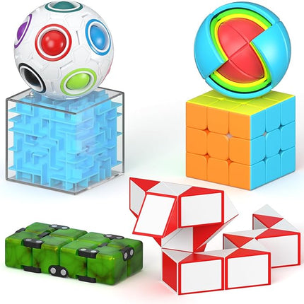 Vdealen Fidget Brain Teaser Toy for Kids, 3D PuzzlesToys Bundle of 3x3 Speed Cube, Maze Box, Rainbow Puzzle Ball, Wisdom Ball, Fidget Snake Cube, Infinity Cube IQ Games for Toddlers Kids Adults