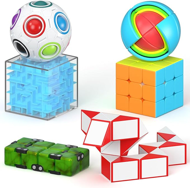 Vdealen Fidget Brain Teaser Toy for Kids, 3D PuzzlesToys Bundle of 3x3 Speed Cube, Maze Box, Rainbow Puzzle Ball, Wisdom Ball, Fidget Snake Cube, Infinity Cube IQ Games for Toddlers Kids Adults