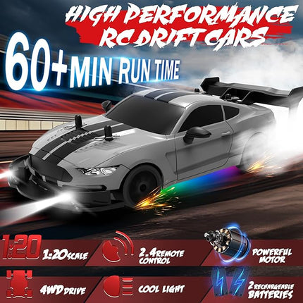RC Drift Car 1:20 Scale Remote Control Cars 2.4GHz 4WD High Speed RTR Racing Vehicle with LED Lights 2 Rechargeable Batteries and Drifting Tires Racing Sport Toy Car for Adults Kids Boys Girls