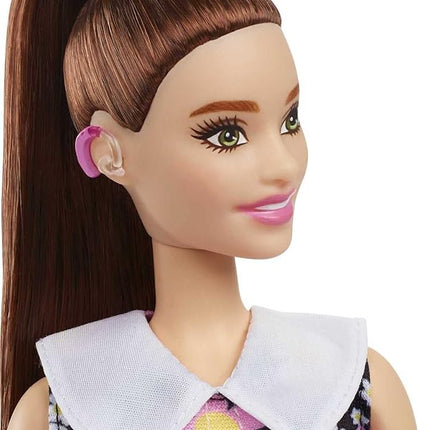 Barbie Fashionistas Doll #187 with Behind-the-Ear Hearing Aids, Brunette Ponytail, Shift Dress & Pink Boots