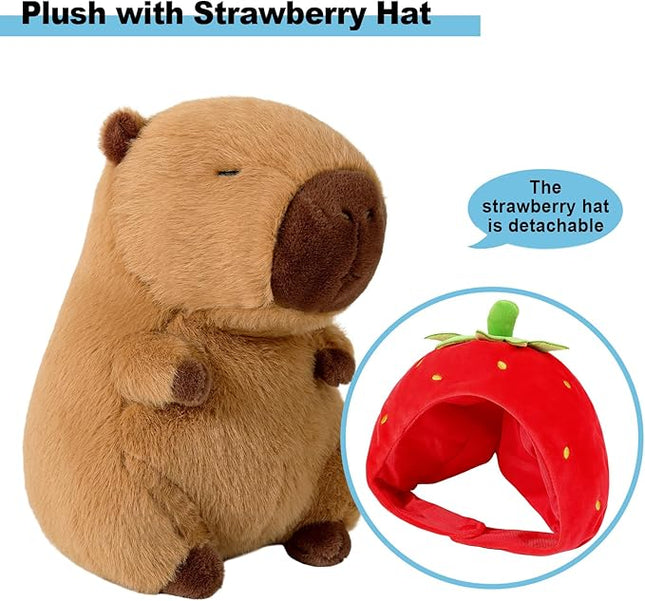 Ditucu Cute Capybara Plush Wear Strawberry Hat Soft Capibara Stuffed Animal Plushies Toys Hugging Gifts for Kids Brown 13 inch