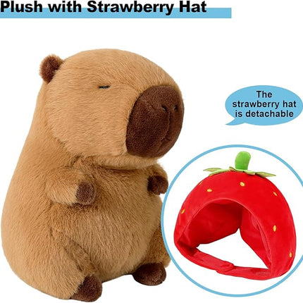 Ditucu Cute Capybara Plush Wear Strawberry Hat Soft Capibara Stuffed Animal Plushies Toys Hugging Gifts for Kids Brown 9 inch