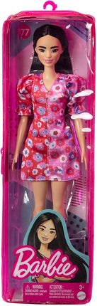 Barbie Fashionistas Doll #177 with Long Black Hair & Color Block Floral Dress & Accessories Including Strappy Purple Heels & Butterfly Ring