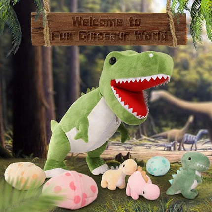MorisMos Dinosaur Stuffed Animal with Babies,23.6'' Big T-Rex Mommy Stuffed Dinosaur with 3 Baby Dino Plush Toys, 3 Eggs,Boy Girl Dino Toys for Kid Birthday Christmas,Green T-rex
