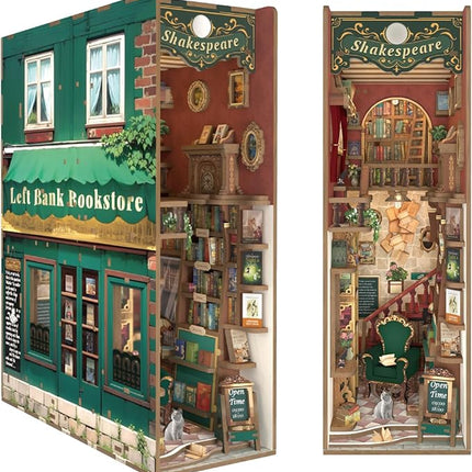 Tonecheer DIY Book Nook Kit for Adults, 3D Wooden Puzzle Bookend Bookshelf Insert Library Bookstore Model Decor, Booknook Miniature Dollhouse with Sensor LED Light for Gifts (Left Bank Bookstore)