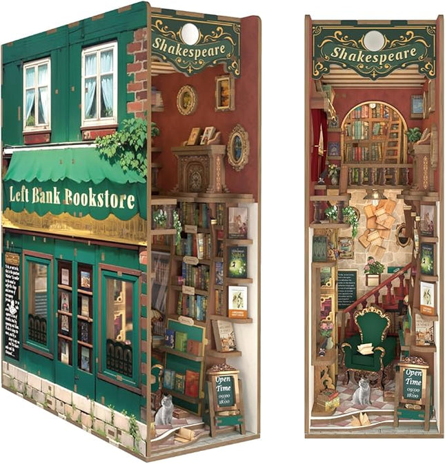 Tonecheer DIY Book Nook Kit for Adults, 3D Wooden Puzzle Bookend Bookshelf Insert Library Bookstore Model Decor, Booknook Miniature Dollhouse with Sensor LED Light for Gifts (Left Bank Bookstore)