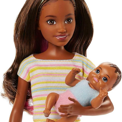Barbie Skipper Babysitters Inc Doll & Accessories Set with Brunette Doll in Flowered Skirt, Baby Doll & 4 Themed Pieces