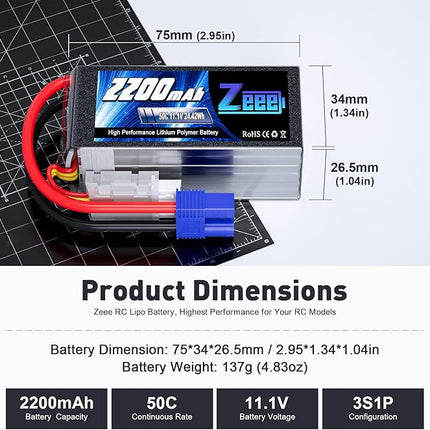 Zeee 3S Shorty Lipo 2200mAh 11.1V Battery 50C Small Pack Battery with EC3 Plug for RC Car Truck RC Vehicles Boat Drone RC Airplane Quadcopter Helicopter FPV Racing Hobby Models(2 Pack)