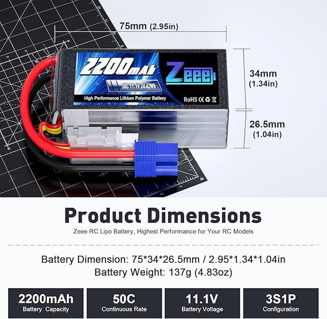 Zeee 3S Shorty Lipo 2200mAh 11.1V Battery 50C Small Pack Battery with EC3 Plug for RC Car Truck RC Vehicles Boat Drone RC Airplane Quadcopter Helicopter FPV Racing Hobby Models(2 Pack)