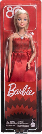 Barbie Mattel 80th Anniversary Ruby-Red Celebration Blonde Fashion Doll Wearing Red Dress with Silvery Shoes & Necklace, Collectible Toy