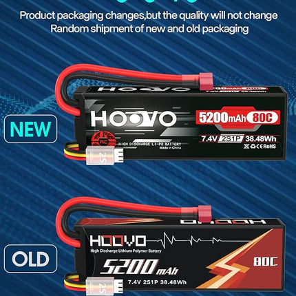 HOOVO 2S 7.4V 5200mAh 80C RC LiPo Battery Hard Case with T Connector for RC Buggy Vehicles Car Boat Truck (2 Pack)