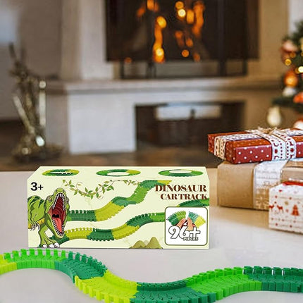 BEMITON 96 Pieces Dinosaur Track Expansion Set - Birthday Gift for 3 4 5 6 7 Year Old Boys Kids, Track Pack Compatible with Dino Race Car Toys, Add-On Accessories for Building Play Sets