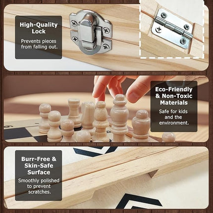 4 in 1 Wooden Fodable Fast Sling Puck Game Set – Chess, Tic Tac Toe, Checkers Board Game for Kids & Adults, Portable Tabletop Family Toy for Travel & Game Night