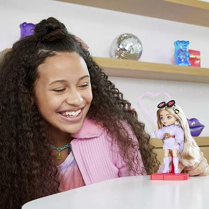 Barbie Extra Minis Doll #4 (5.5 in) Wearing Fluffy Purple Fashion, with Doll Stand & Accessories Including Teddy Ears and Sunglasses, Gift for Kids 3 Years Old & Up