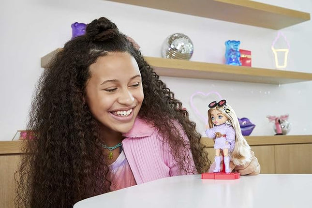 Barbie Extra Minis Doll #4 (5.5 in) Wearing Fluffy Purple Fashion, with Doll Stand & Accessories Including Teddy Ears and Sunglasses, Gift for Kids 3 Years Old & Up