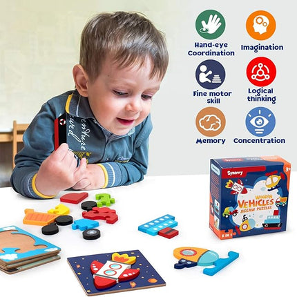 SYNARRY Wooden Vehicle Puzzles for 3 4 5 Years Old Boys Girls, Puzzles for Toddlers 3-5, Educational Toys Gifts with 6 Vehicles Transportation, Easter Basket Stuffers Valentines Day Gifts for Kids