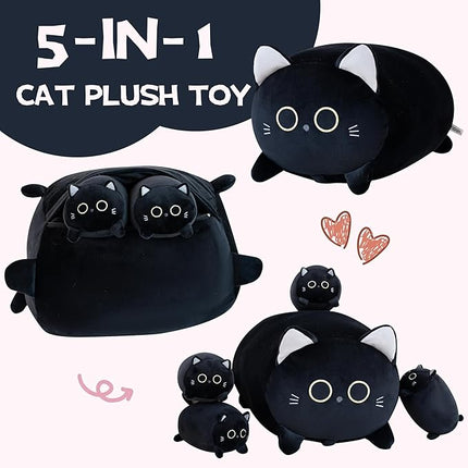 Black Cat Plush Stuffed Animals with 4 Kitties Plushies,16" Soft Jumbo Pillow Gifts for Kids Him Her Girlfriend Boyfriend