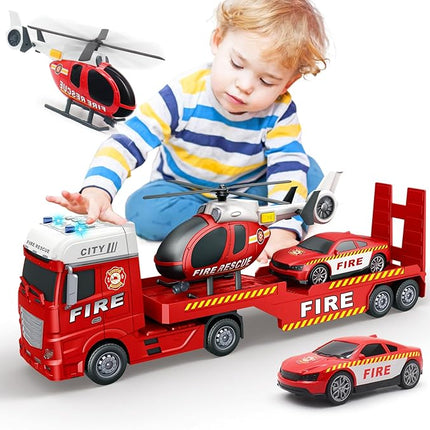 Toddler Boy Toys for 4 5 6 Year Old - 25'' Large Fire Truck Toy with Helicopter and Racing Car - Flatbed Semi Truck Firetruck Toy Birthday Gift with Sound, Light, 28pcs Traffic Signs, Kids Toys